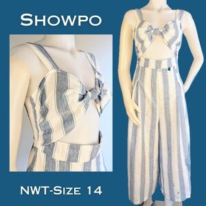 NEW Showpo Bunny Cuddles Sleeveless Cotton Jumpsuit Blue White Stripe Size 14
